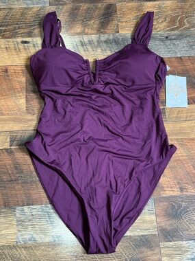Becca 851147A Shirred V-Wire One-Piece Swimsuit Sz L Purple $138